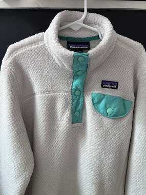 Patagonia Girls' Re-Tool Snap-T Fleece Pullover - Cream with Teal Trim